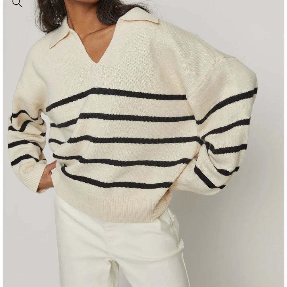 Oak & Fort Cream and Black Striped Sweater Womens Large - Picture 7 of 7